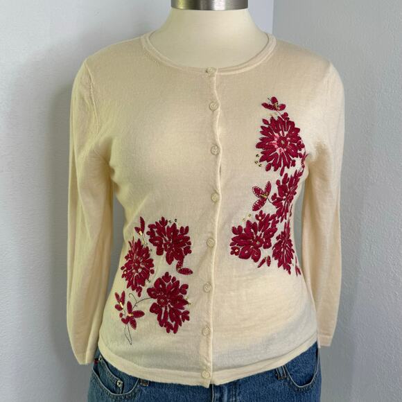 Garnet Hill Merino Wool Floral Embroidered Cardigan Sweater Fitted Size Large - Picture 1 of 9